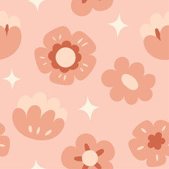Cute seamless pattern with flowers and abstract botanical elements. Vector hand drawn floral background for textile, fabric, print or wallpaper.