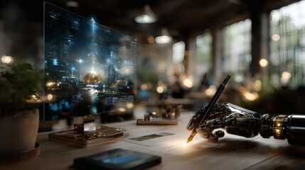 Close-up of AI assistant’s articulated hand gently passing a stylus to human designer working on an ultra-thin monitor; background shows a tidy workspace with sunlight streaming across a light 