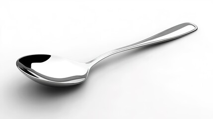 A shiny, reflective stainless steel spoon placed on a plain white surface, showing smooth curves and a clean, modern design.