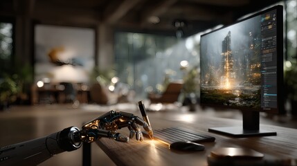 Close-up of AI assistant’s articulated hand gently passing a stylus to human designer working on an ultra-thin monitor; background shows a tidy workspace with sunlight streaming across a light 