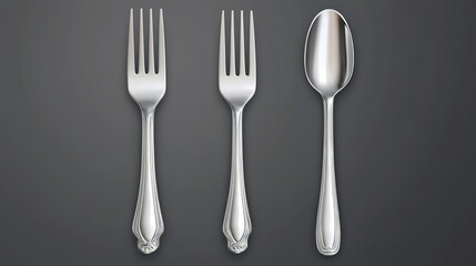 Two silver forks and one silver spoon are neatly arranged on a dark surface, showcasing elegant and polished cutlery.