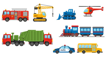 Collection of Colorful Transportation Vehicles: Firetruck, Crane, Bulldozer, Helicopter, Garbage Truck, Train, Police Car, School Bus