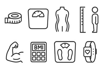 Body Measurement Icons. Line style icons for body measurements: tape measure, scale, body silhouette, height chart, muscle arm,