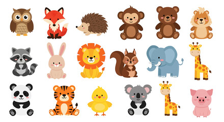 Collection of cute cartoon animals including owl, fox, hedgehog, monkey, bear, and more.