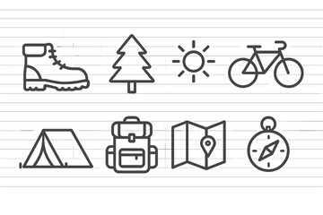 Outdoor Activity Icons. Line style icons for outdoor activities: hiking boot, tree, sun, bicycle, tent, backpack, map, compass. No
