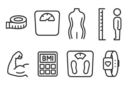 Body Measurement Icons. Line style icons for body measurements: tape measure, scale, body silhouette, height chart, muscle arm,