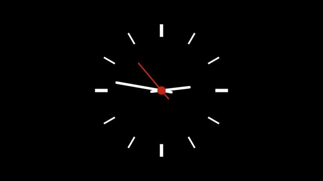 Minimal analog clock animation on transparent background with alpha channel with ticking hands. Seamless loop for presentation, interface, or broadcast use. Time-lapse video. Stylized clock face
