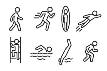 Obraz premium Movement Icons. Line style icons for movement: walk, sprint, teleport, fly, climb, swim, dive, sneak. No text, No labels, isolated