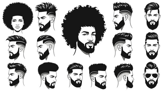 Collection of diverse men and women with various hairstyles and beards