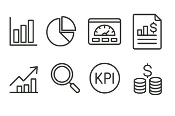 Analytics Icon Set. Line style icons for analytics and reports: bar chart, pie chart, dashboard, sales report, trend arrow,