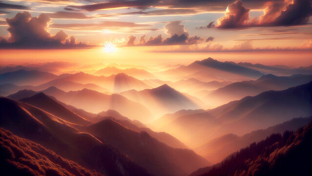 Dramatic mountain sunset or sunrise with a stunning array of layered peaks shrouded in mist, bathed in warm golden and orange light, and a vibrant sky with scattered clouds and sun rays.