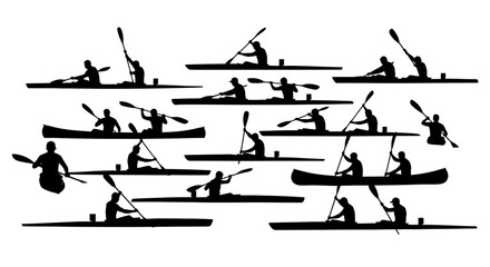Collection of Kayak and Canoe Silhouettes: Paddlers in Action