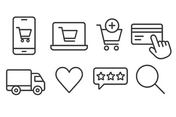 Online Shopping Icons. Line style icons of online shopping: smartphone, laptop, add to cart, payment, delivery, wishlist, review,