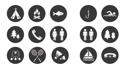 Collection of outdoor activities and communication icons in circles