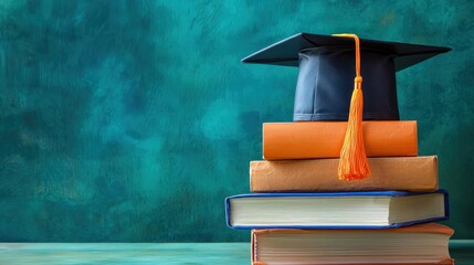 A graduation cap and books on a green background.