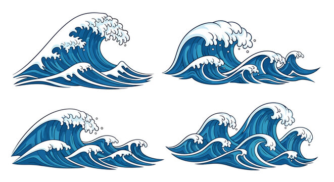 Four Illustrations of Stylized Ocean Waves