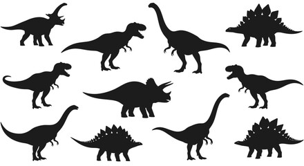 Collection of Ten Black Silhouettes of Prehistoric Dinosaurs
