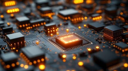 Close-up circuit board with glowing processor