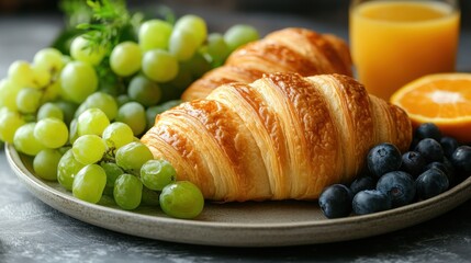 Breakfast Plate with Croissants, Grapes, Blueberries, and Orange Juice.
