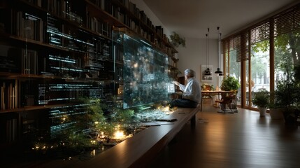 AI assistant guiding elderly user through tech interface using tactile holograms and magnified text projections in bright reading room with white bookshelves and woven blinds 