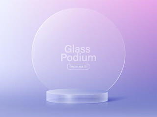 3D glass transparent crystal. Empty cylindrical pedestal. 3D cylinder and cube glass platforms set background. Vector realistic illustration of transparent plastic round and square