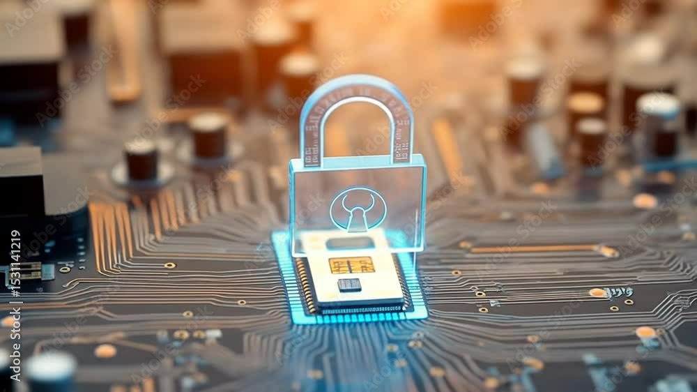 Aufkleber digital security hologram of virtual key icon on circuit board. financial data privacy concept and v