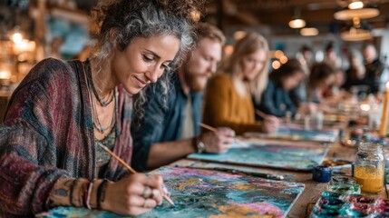 Fototapeta premium Focused Woman in Boho Style Painting in a Colorful Art Class