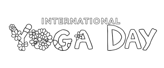 International Yoga Day Coloring Page with Floral Text Design