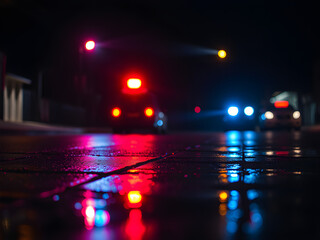 Glowing red and blue lights on wet pavement, a dramatic urban night scene evoking urgency and tension