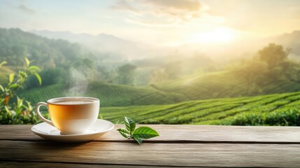 Cup of hot tea and tea leaf on the wooden table and the tea plantations background Generative Ai