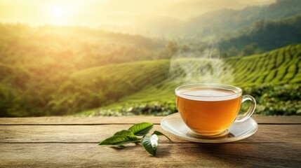 Cup of hot tea and tea leaf on the wooden table and the tea plantations background Generative Ai