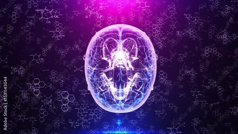 Poster glowing brain scan with chemical formulas and molecular structures on a purple background