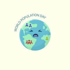 Cartoon illustration of the earth crying with increasing human population, for global World Population Day