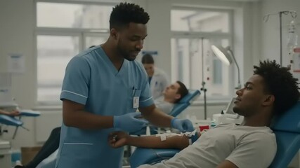 Medical professionals assisting patients during a blood donation session in a modern clinic setting - Powered by Adobe