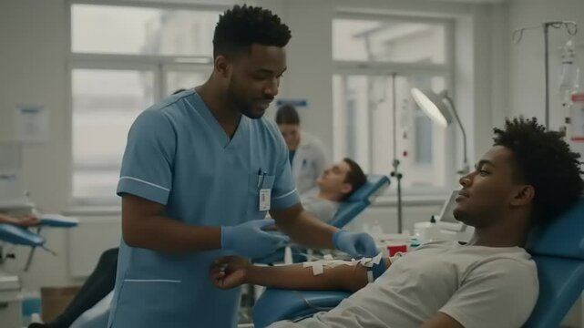Medical professionals assisting patients during a blood donation session in a modern clinic setting