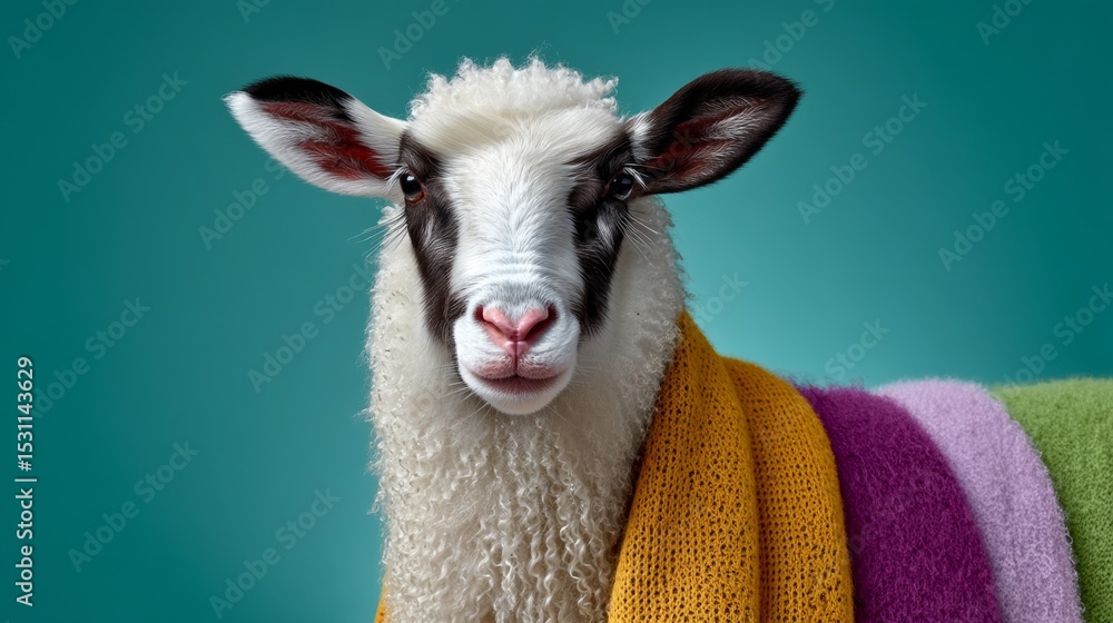 Poster sheep is wearing a colorful blanket and looking at the camera. the image has a playful and whimsical