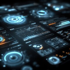 Futuristic Digital Interface with Glowing Blue and Orange Data Visualizations