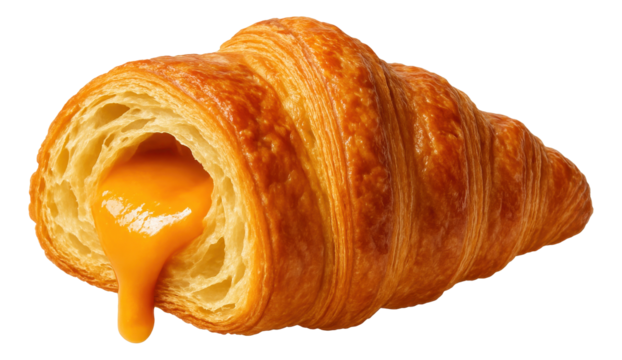 Flaky croissant with a rich, melting cheese filling oozing from the inside.