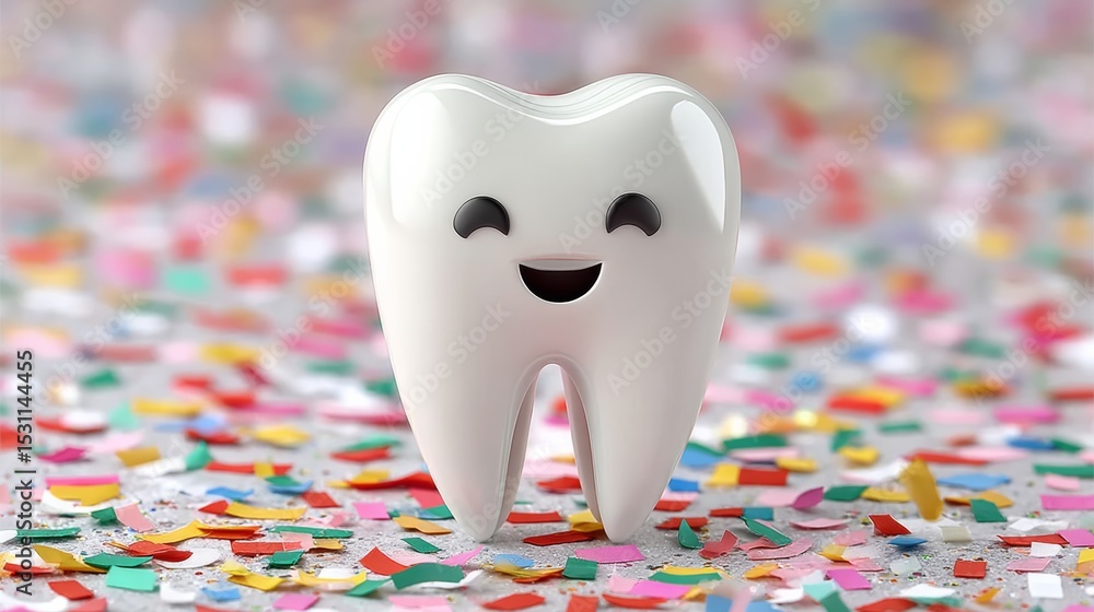 Poster tooth with a smile on it is sitting on a colorful background. the tooth is happy and he is enjoying 