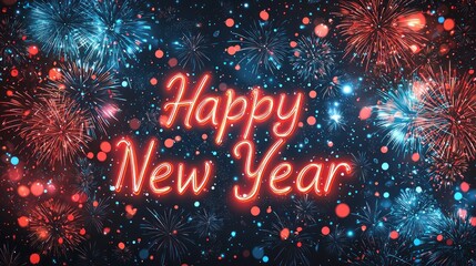 Happy new year glowing red neon text with colorful red and blue fireworks and festive bokeh lights on dark night sky Generative AI