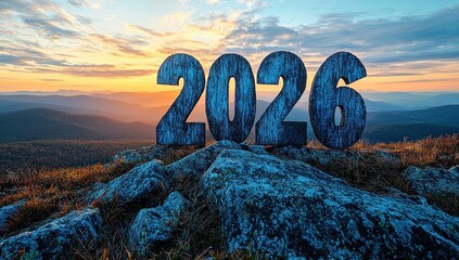 Weathered blue 2026 numbers on mountain peak at sunrise with scenic valley view and dramatic clouds in natural outdoor setting Generative AI