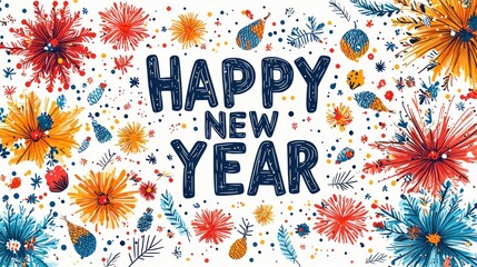 Happy new year festive illustration with bold text surrounded by colorful fireworks leaves and confetti on white background Generative AI