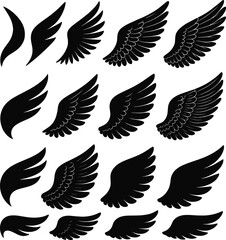 Wings vector set with silhouettes of birds and flying symbols in black illustration style