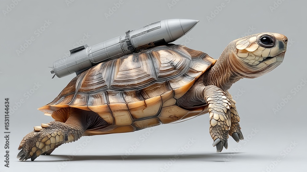 Poster turtle is carrying a rocket on its back. the turtle is running and the rocket is behind it