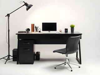 Minimalist black leather desk with office essentials, a clean and professional workspace