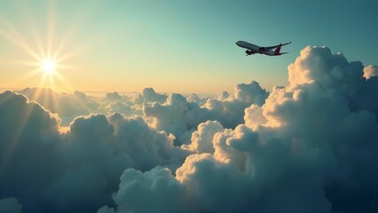 Airplane flying above fluffy clouds during a bright sunset with warm sunlight in the sky