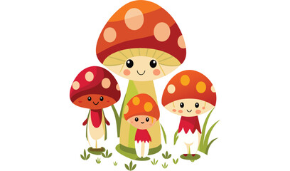 Fototapeta premium Cute cartoon mushroom family in grass