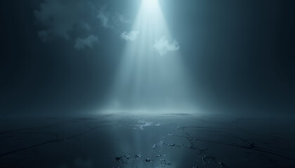 Fototapeta premium Light beam over dark floor with fog and clouds