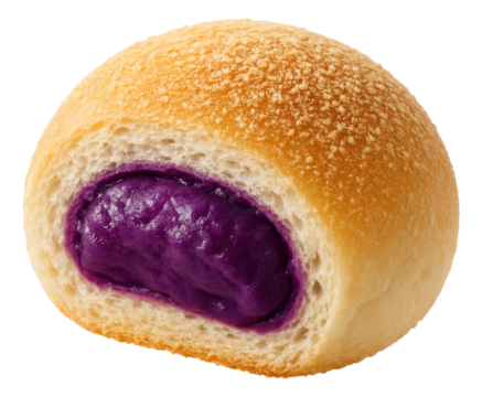 Soft bread roll filled with vibrant purple ube jam, showcasing a contrast between the golden crust and the creamy filling.