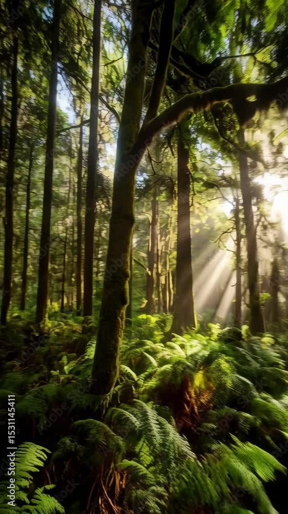 Poster bright sunlight filtering through the trees in a lush forest with dense green ferns covering the gro